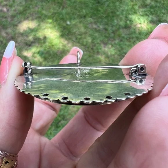 Vintage Sterling Silver Taxco Mexico Turquoise & Lapis Inlay Brooch Pendant - Picture 11 of 17